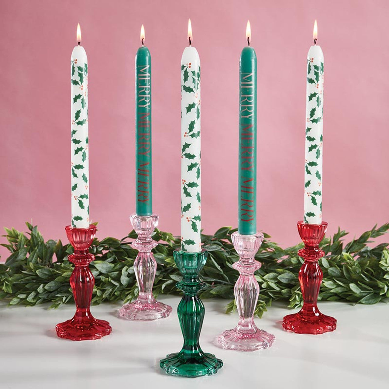 Set of 2 Word Holly Tapered Candle | Holiday Theme Unscented Table Decor Candle Sticks