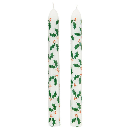 Set of 2 Word Holly Tapered Candle | Holiday Theme Unscented Table Decor Candle Sticks