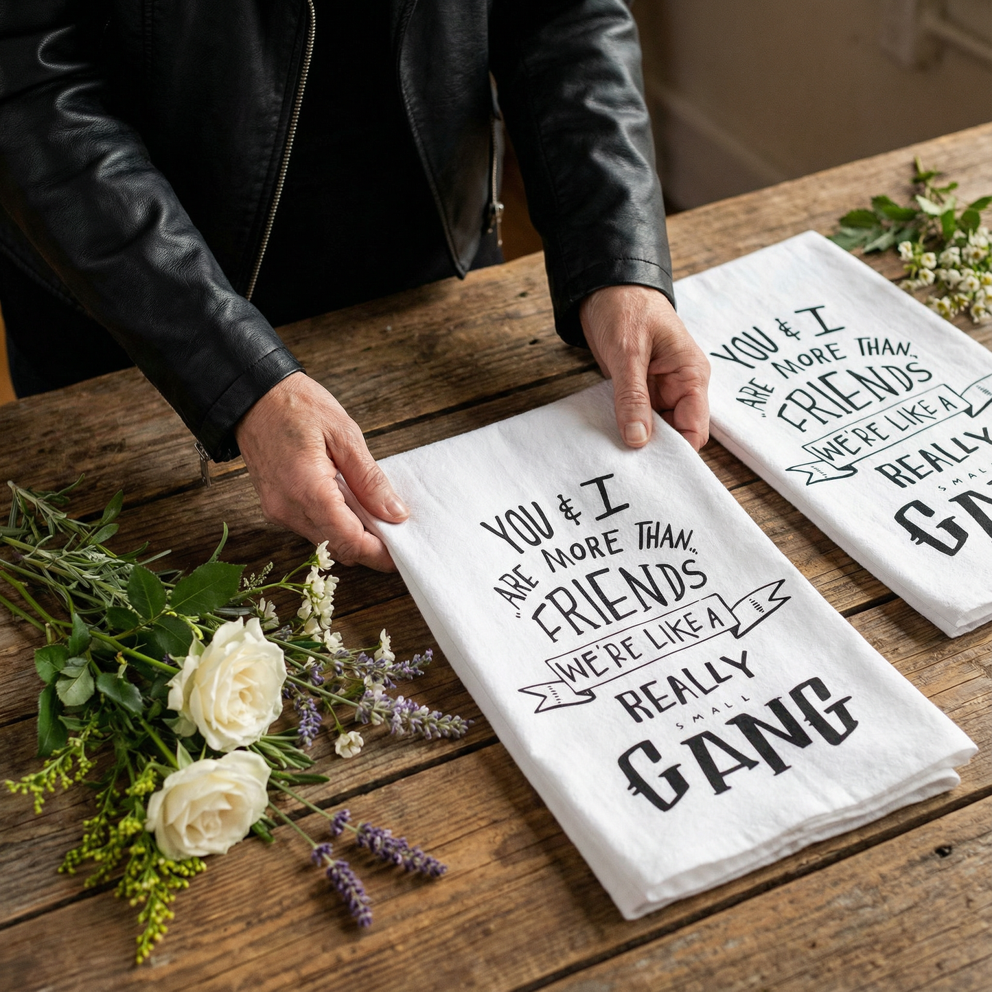 Set of 2 You & I Are More Than Friends, We're Like a Really Small Gang Funny Snarky Dish Cloth Towel | Funny Tea Towel