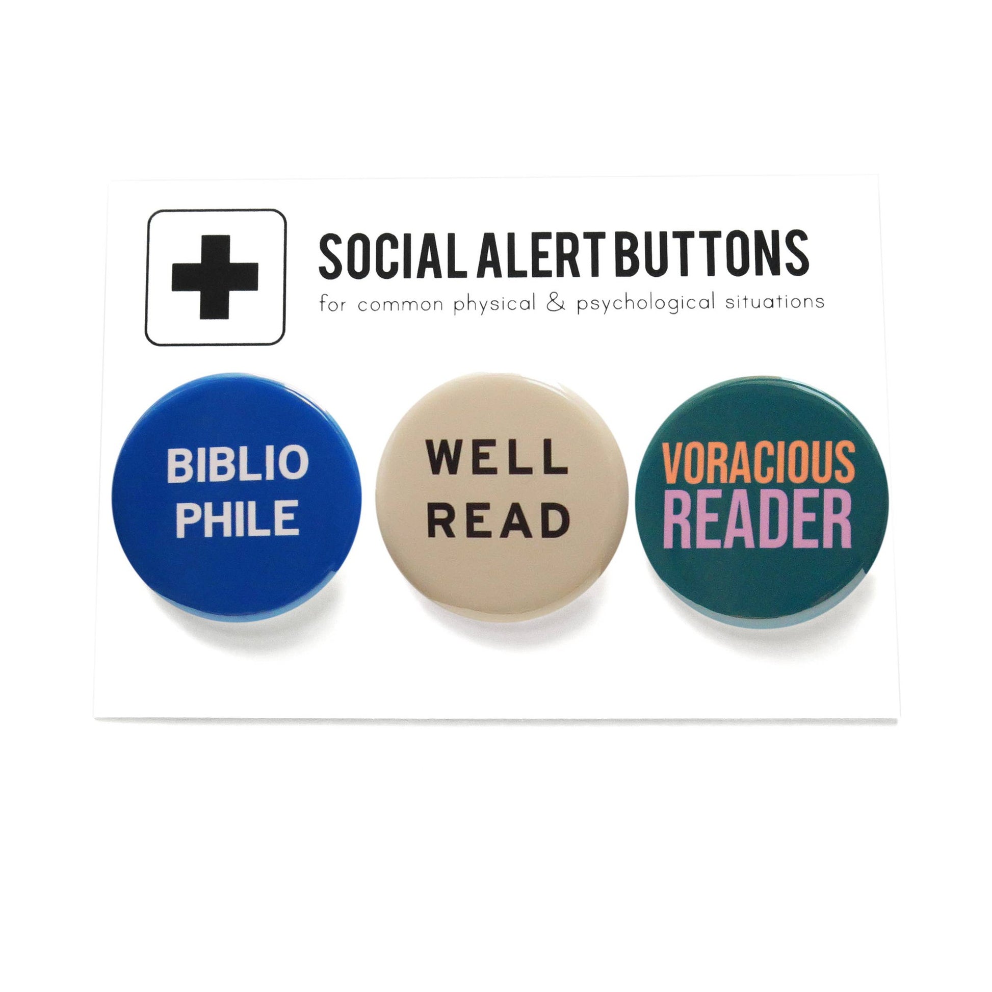 Set of 3 Book Lover Pinback Buttons Bibliophile Gift