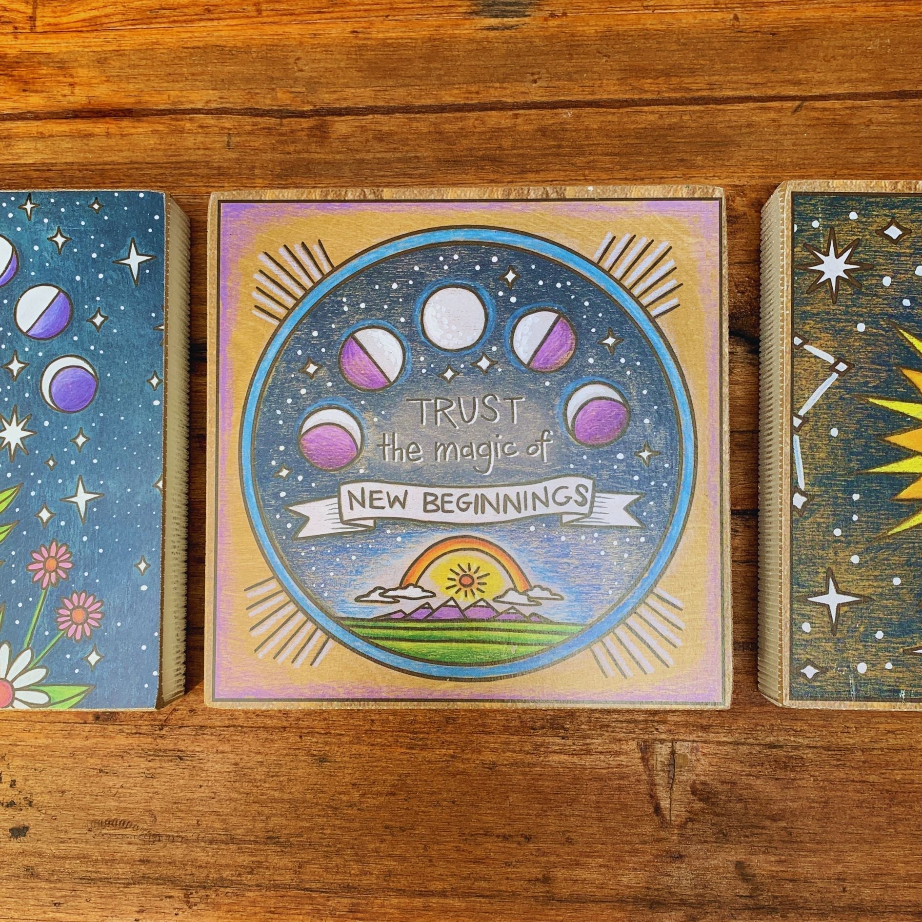 Set of 3 Celestial Inspo Block Signs | Square Wooden Sign Decor Display | 6" x 6" | Gift for Her