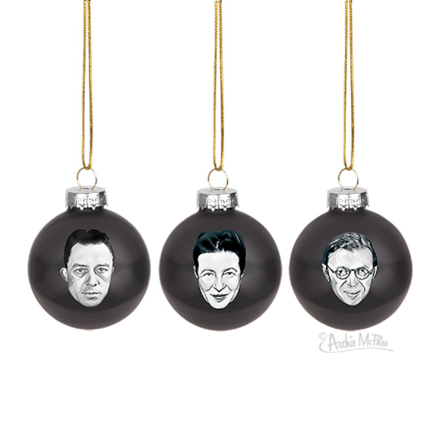 Set of 3 Existentialist Holiday Glass Mini Ornaments in Black with Depressing Quotes from Camus, Sartre, and de Beauvoir | Gift for Her