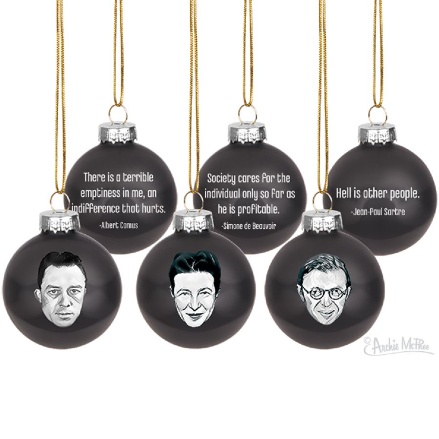 Set of 3 Existentialist Holiday Glass Mini Ornaments in Black with Depressing Quotes from Camus, Sartre, and de Beauvoir | Gift for Her