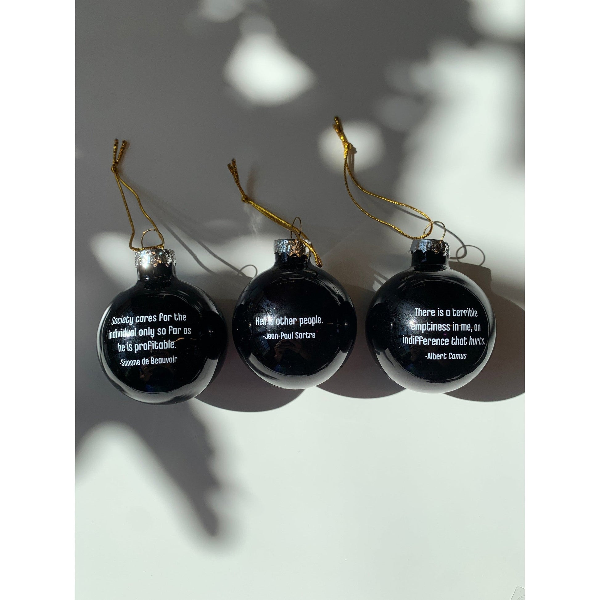 Set of 3 Existentialist Holiday Glass Mini Ornaments in Black with Depressing Quotes from Camus, Sartre, and de Beauvoir | Gift for Her