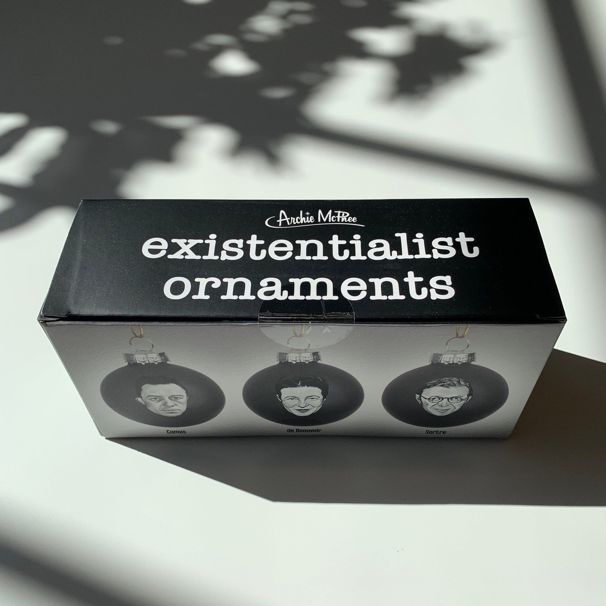 Set of 3 Existentialist Holiday Glass Mini Ornaments in Black with Depressing Quotes from Camus, Sartre, and de Beauvoir | Gift for Her