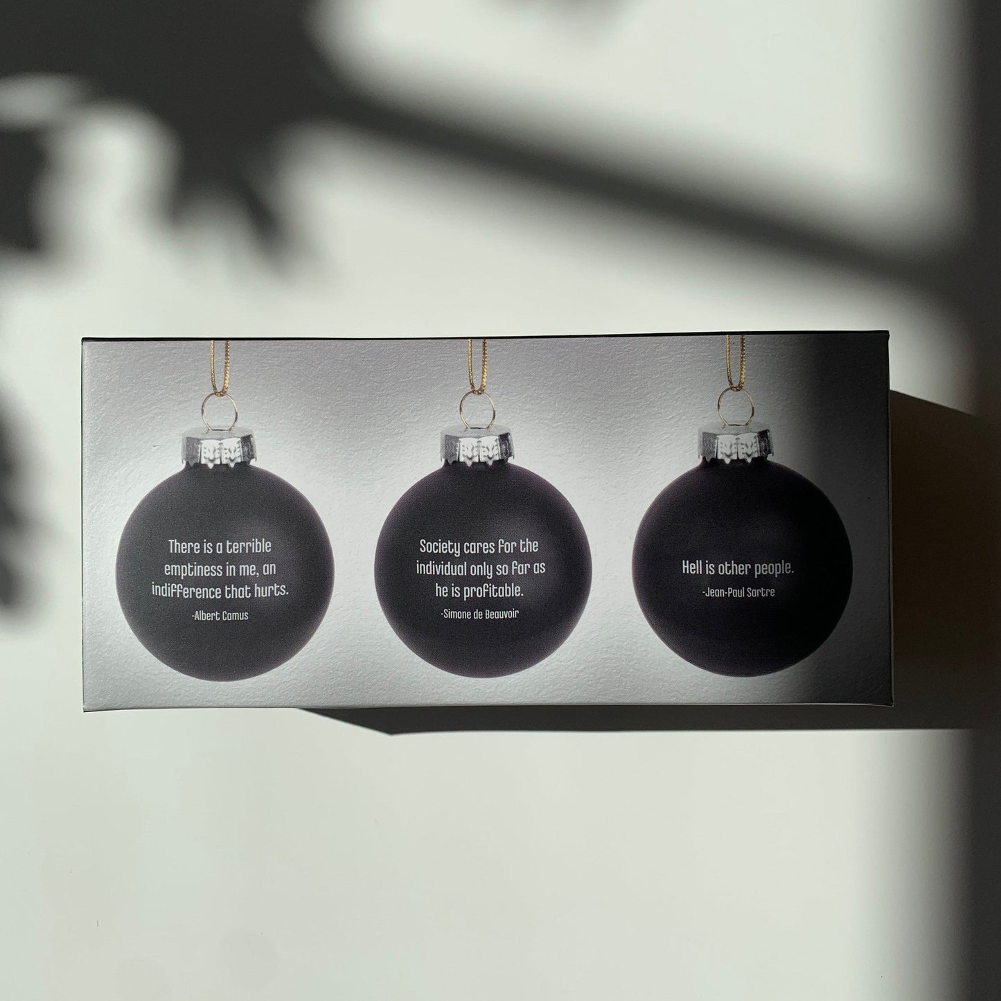 Set of 3 Existentialist Holiday Glass Mini Ornaments in Black with Depressing Quotes from Camus, Sartre, and de Beauvoir | Gift for Her