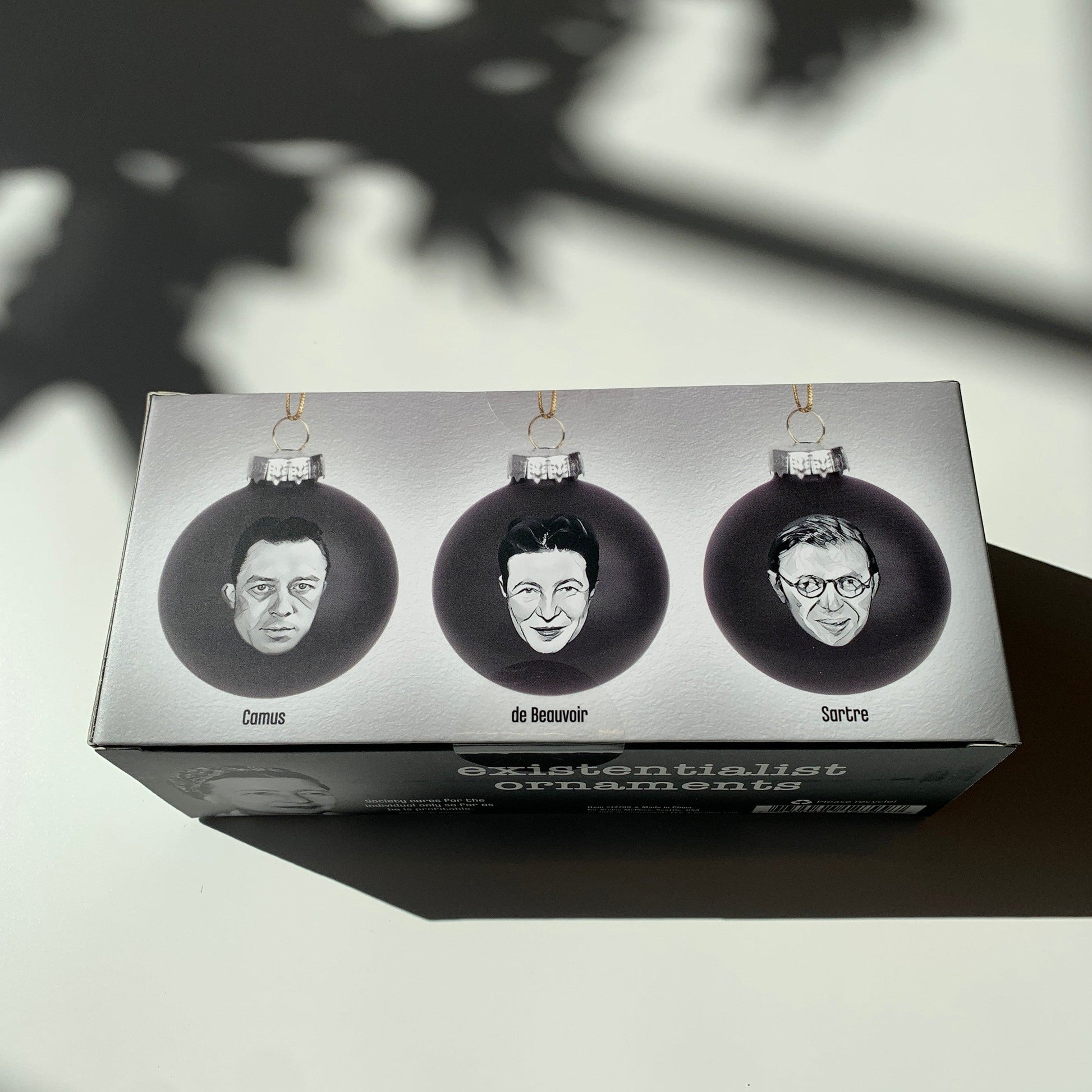 Set of 3 Existentialist Holiday Glass Mini Ornaments in Black with Depressing Quotes from Camus, Sartre, and de Beauvoir | Gift for Her