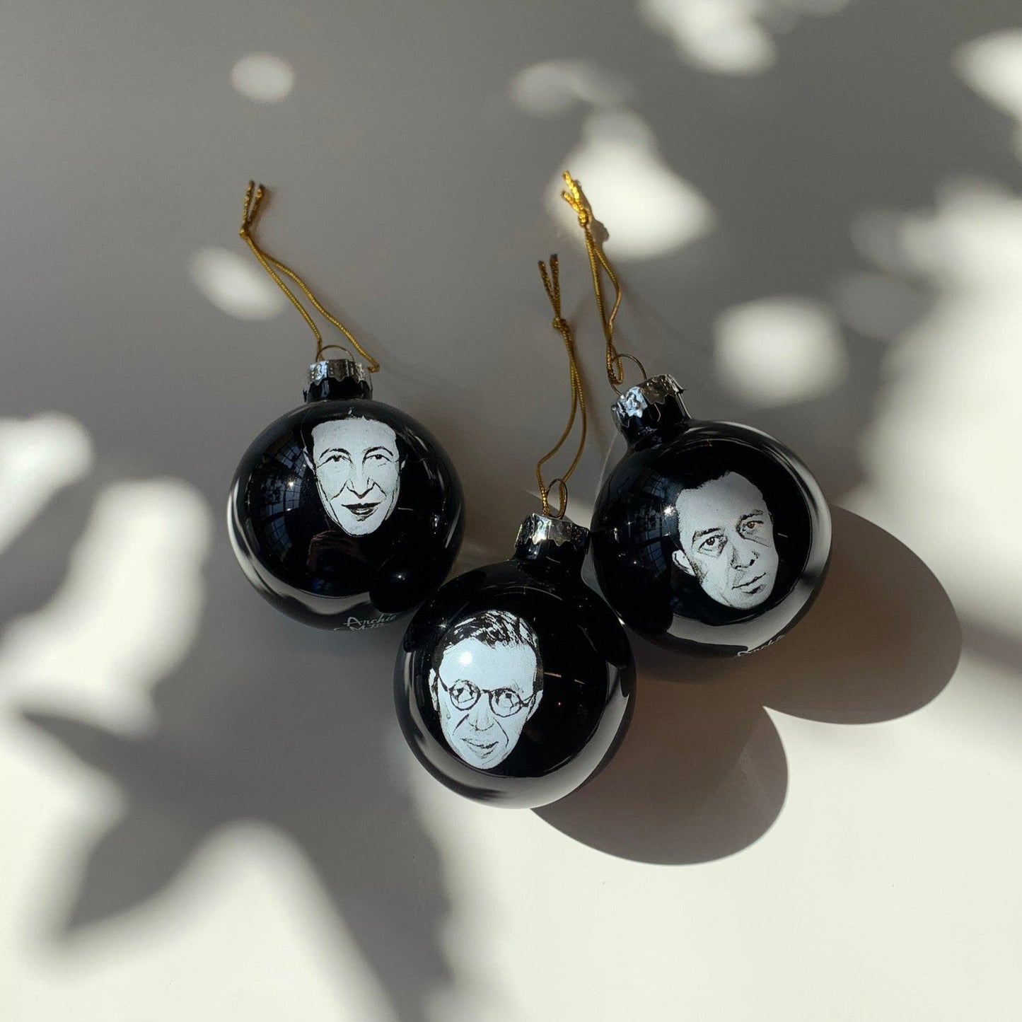 Set of 3 Existentialist Holiday Glass Mini Ornaments in Black with Depressing Quotes from Camus, Sartre, and de Beauvoir | Gift for Her