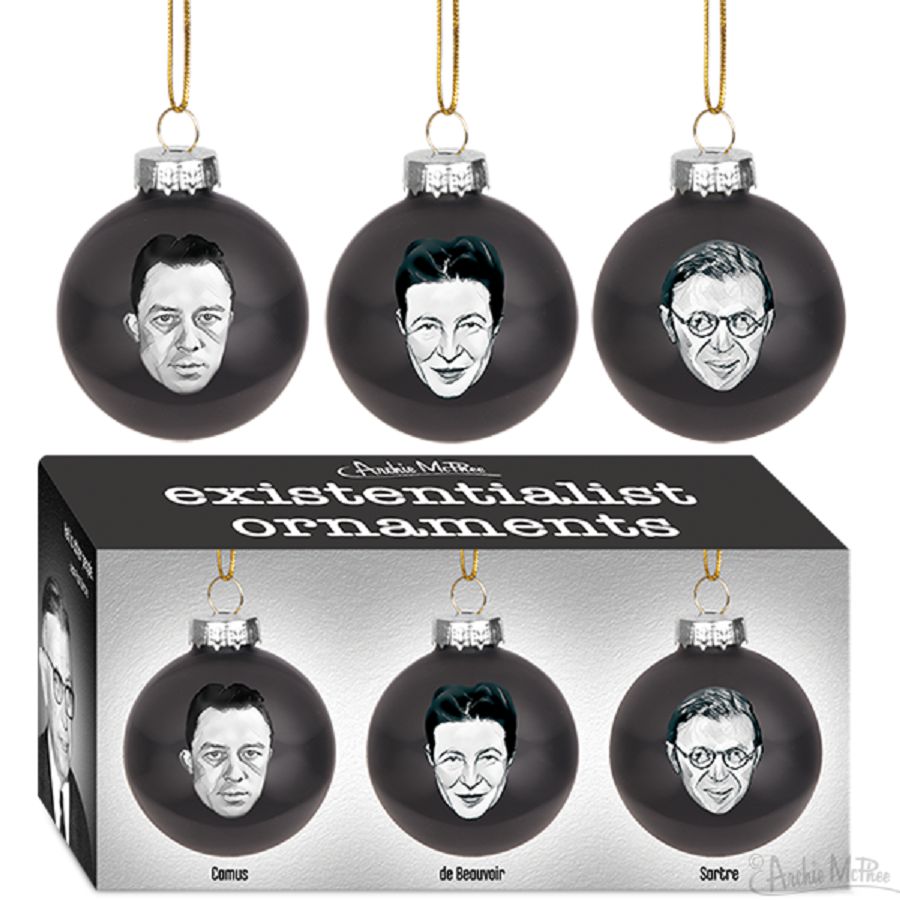 Set of 3 Existentialist Holiday Glass Mini Ornaments in Black with Depressing Quotes from Camus, Sartre, and de Beauvoir | Gift for Her