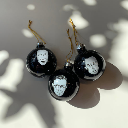 Set of 3 Existentialist Holiday Glass Mini Ornaments in Black with Depressing Quotes from Camus, Sartre, and de Beauvoir