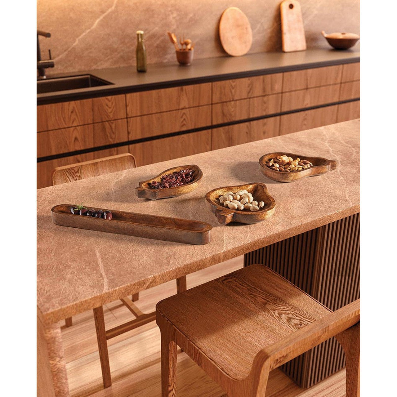 Set of 3 Food Bowls | Wooden Pear Strawberry and Eggplant Shaped Serving Bowls