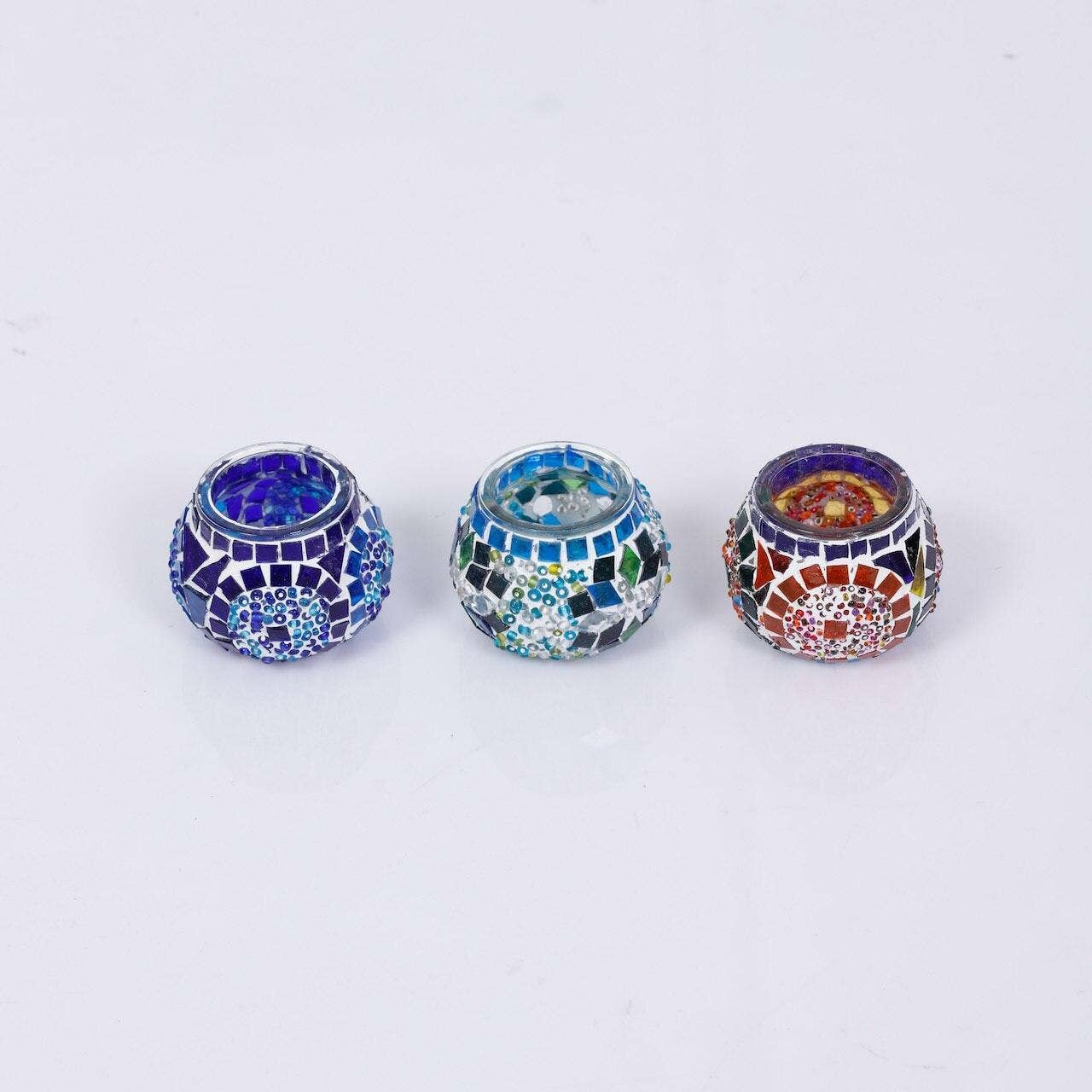 Set of 3 Mosaic Candle Holder | Round Crystal Glass Candle Holder