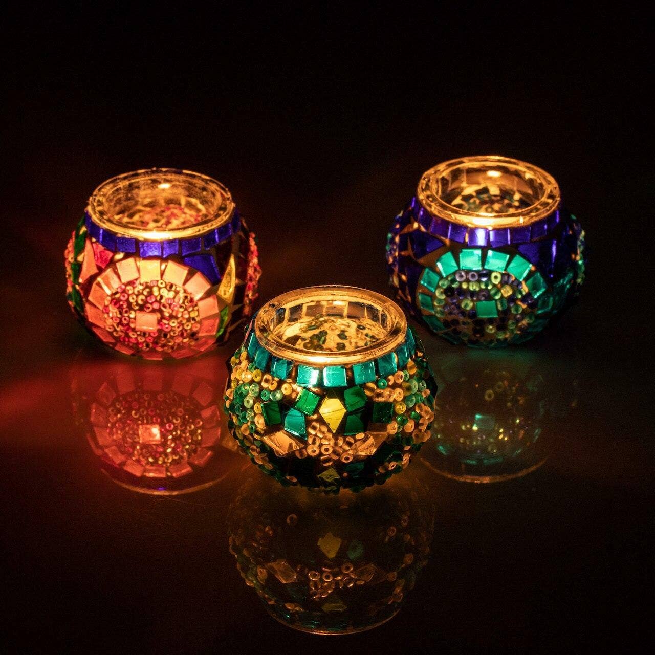 Set of 3 Mosaic Candle Holder | Round Crystal Glass Candle Holder