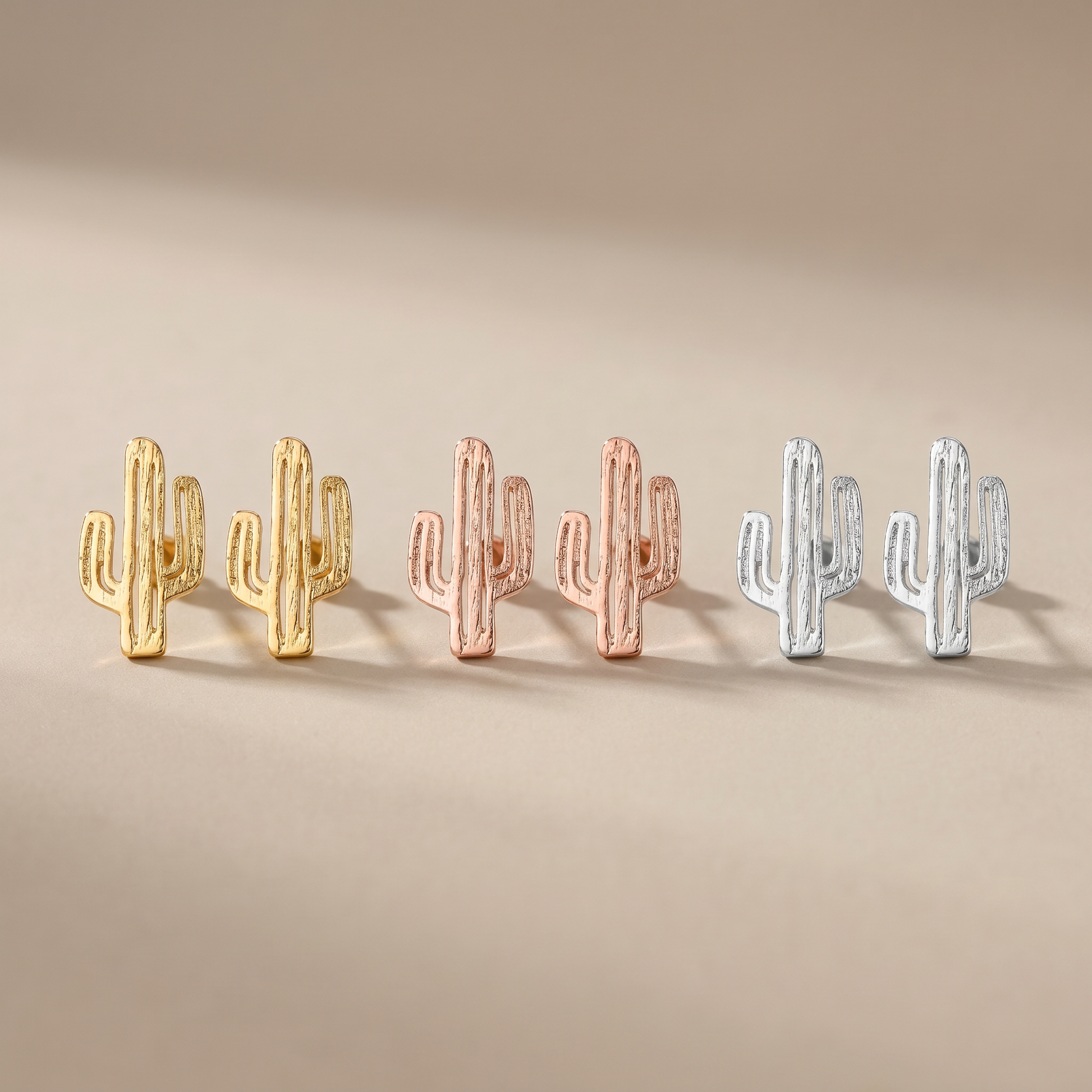 Set of 3 Pairs of Cactus Earrings in Gold, Rose Gold, and Silver-Paper & Quartz-The Bullish Store