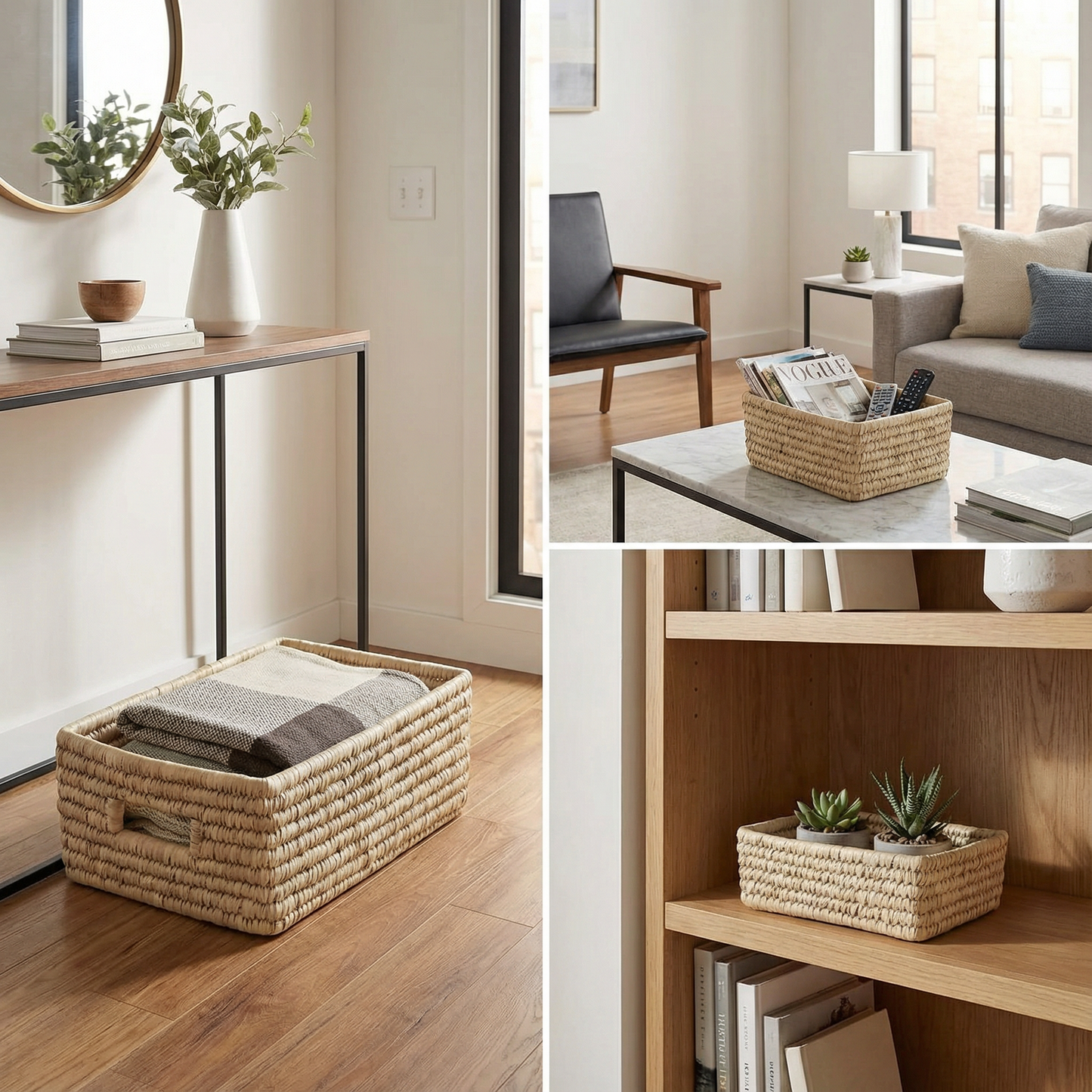 Set of 3 Rectangular Baskets | Storage Bins with Handles Home Shelf Organizers