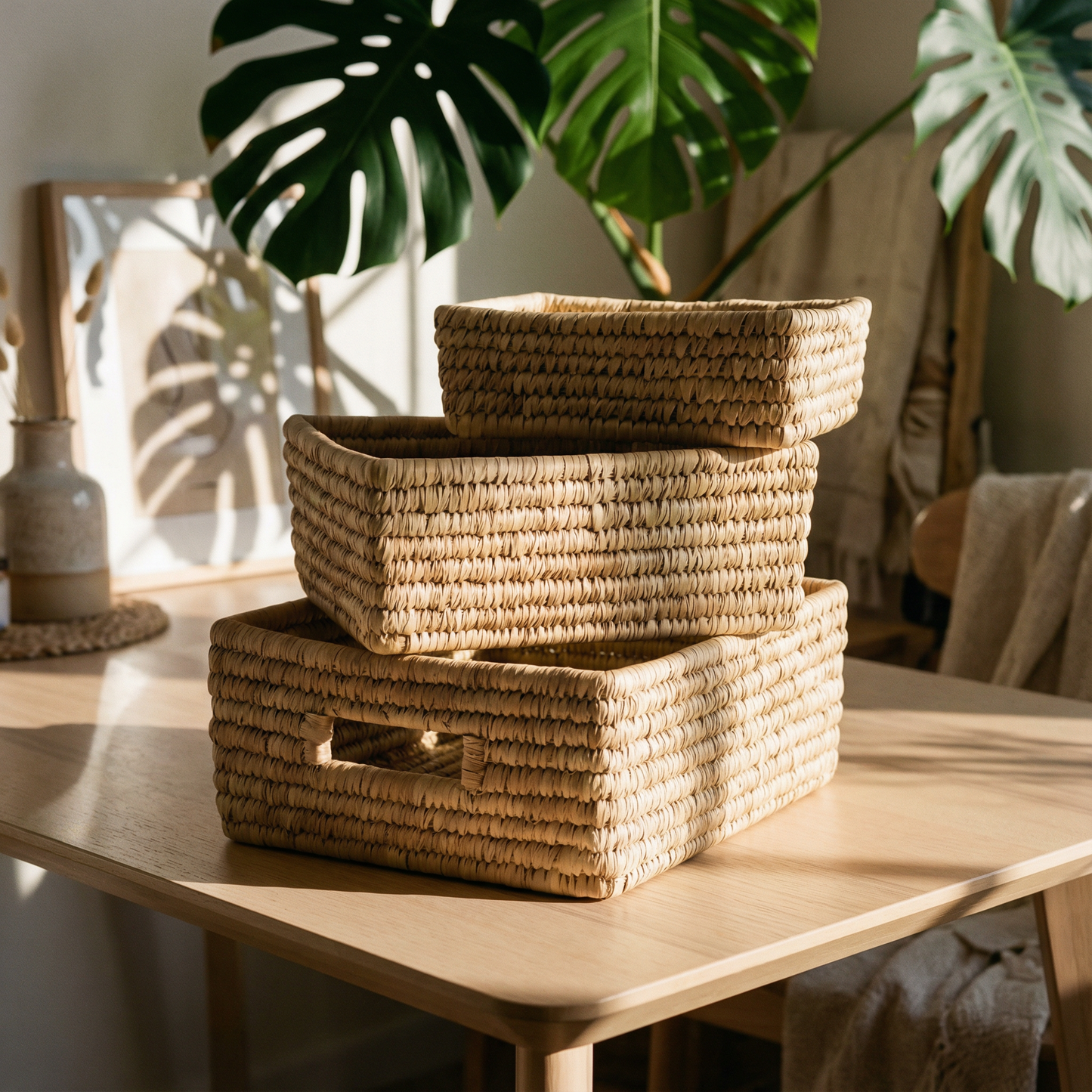 Set of 3 Rectangular Baskets | Storage Bins with Handles Home Shelf Organizers