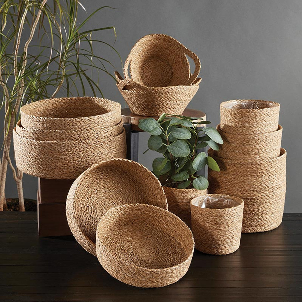 Set of 3 Seagrass Decor Baskets with Handles | Wicker Kitchen Pantry Storage