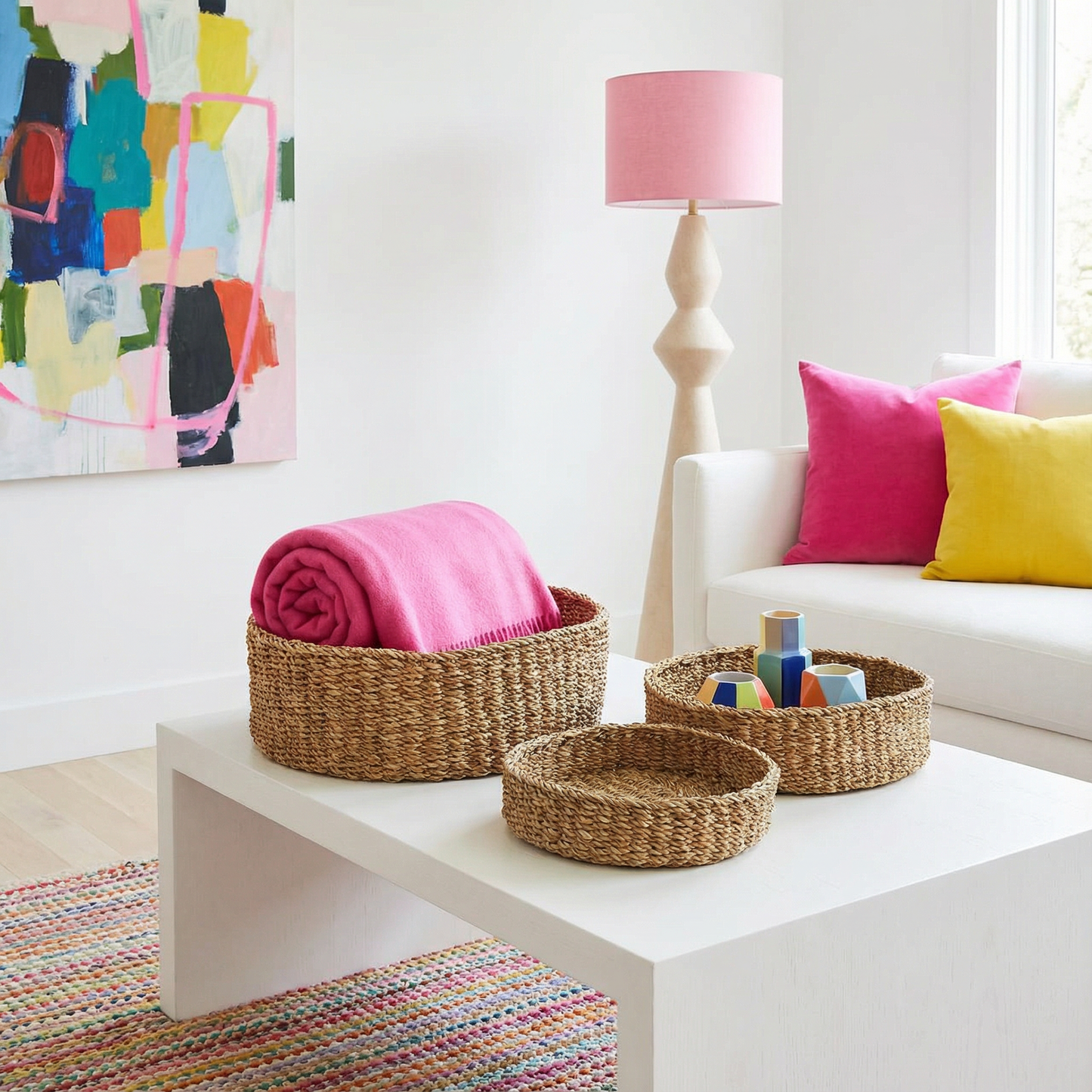 Set of 3 Seagrass Round Chakas Basket Set | Rustic Home Office Storage