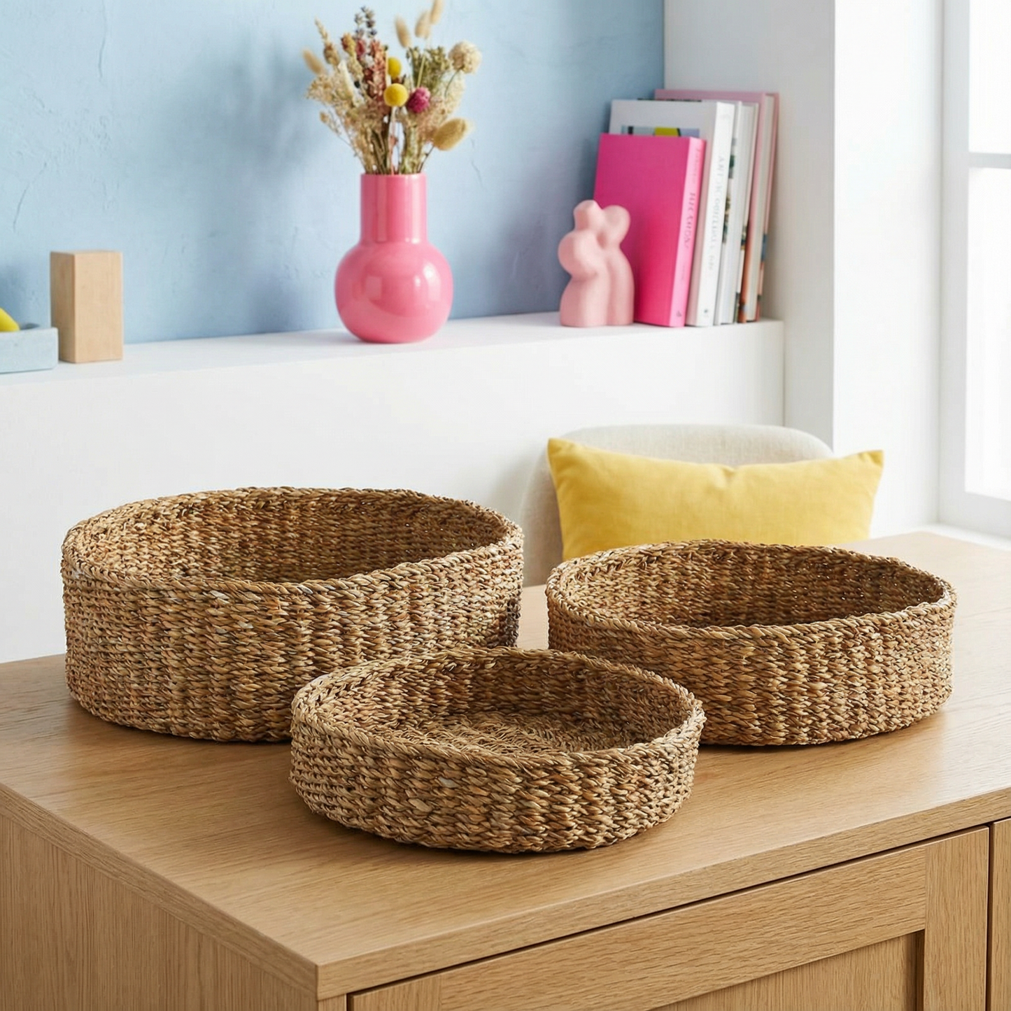 Set of 3 Seagrass Round Chakas Basket Set | Rustic Home Office Storage