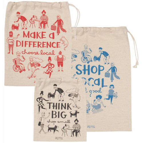 Set of 3 Shop Local Reusable Produce Bags | Cotton Reusable Drawstring Grocery Market Bag