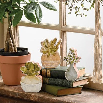Set of 3 Wooden Succulents Freestanding Plant Decor