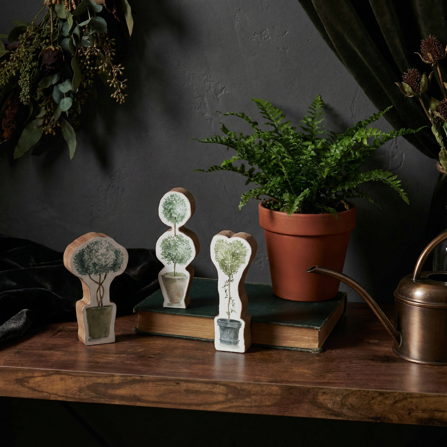 Set of 3 Wooden Topiary | Stand-Alone Wooden Plant Shaped Decor