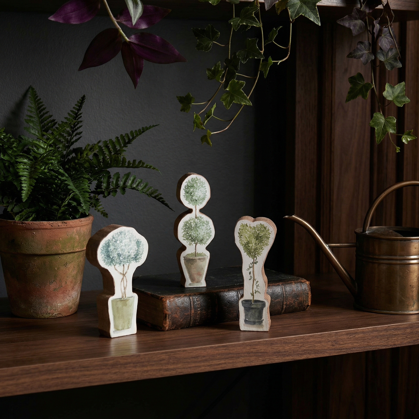 Set of 3 Wooden Topiary | Stand-Alone Wooden Plant Shaped Decor