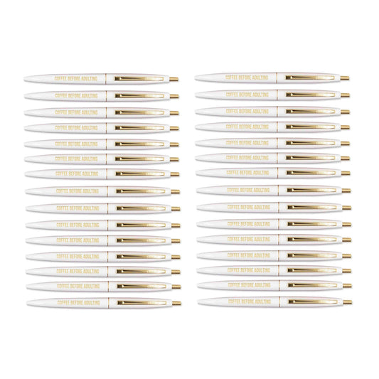 Set of 30 Coffee Before Adulting White Pens with Gold Lettering and Accents