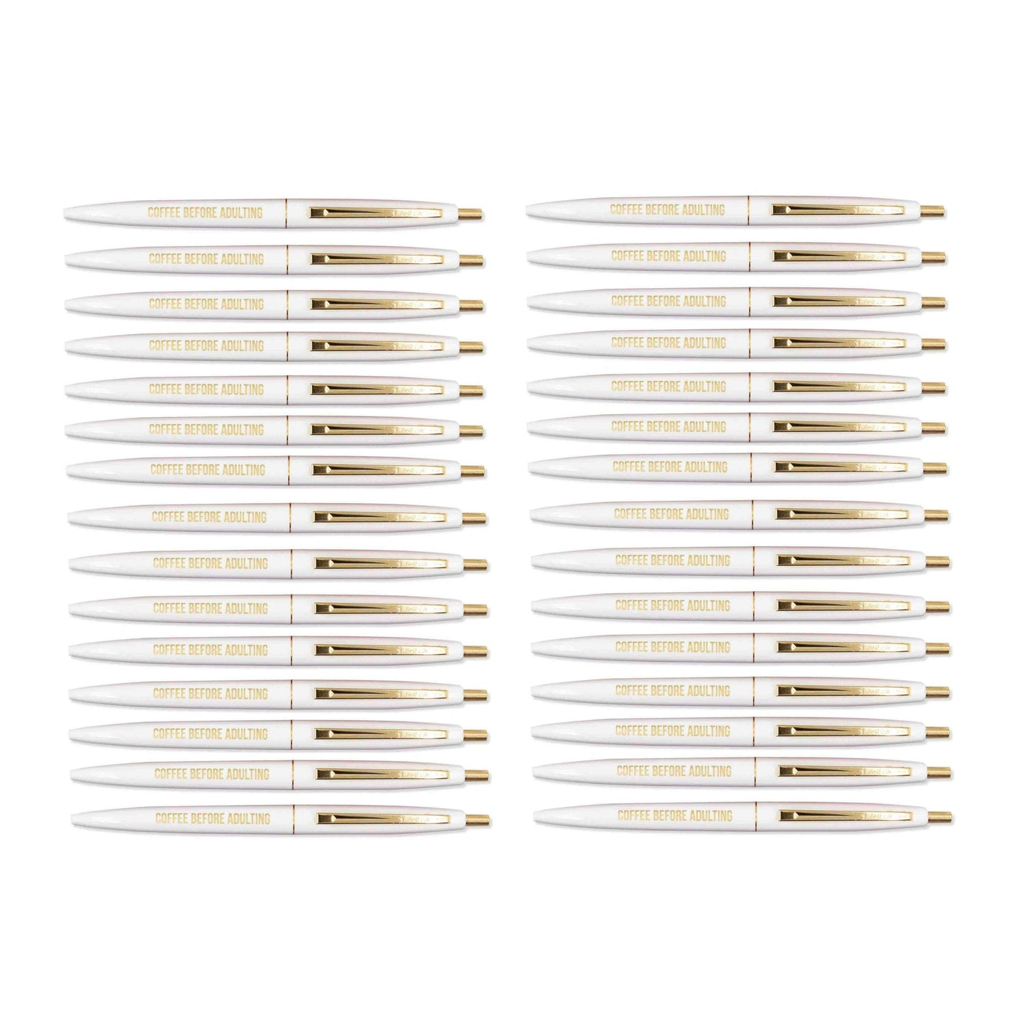 Set of 30 Coffee Before Adulting White Pens with Gold Lettering and Accents