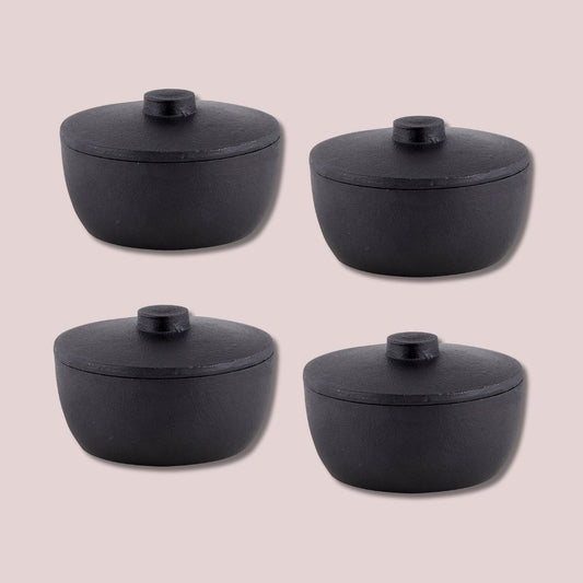 Set of 4 Cast Iron Mini Pots with Lids in Black | Rustic Round Petite Bowl Set 4.5" x 3" Each