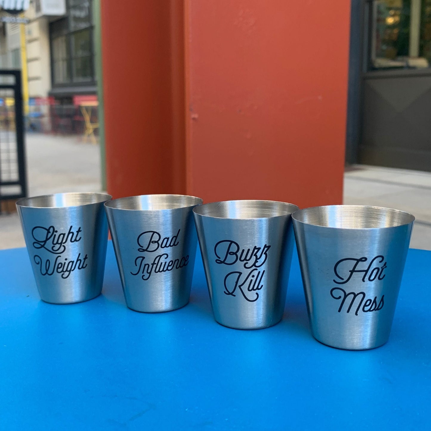 Set of 4 Personality Stainless Steel Shot Cups | Set of 4 Shot Glasses in Gift Bag