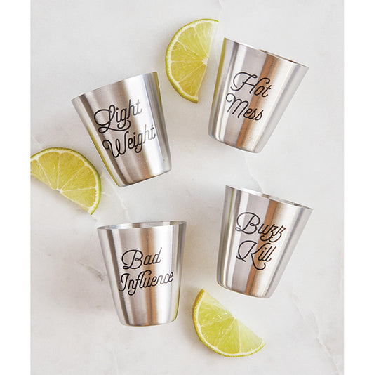 Set of 4 Personality Stainless Steel Shot Cups | Set of 4 Shot Glasses in Gift Bag