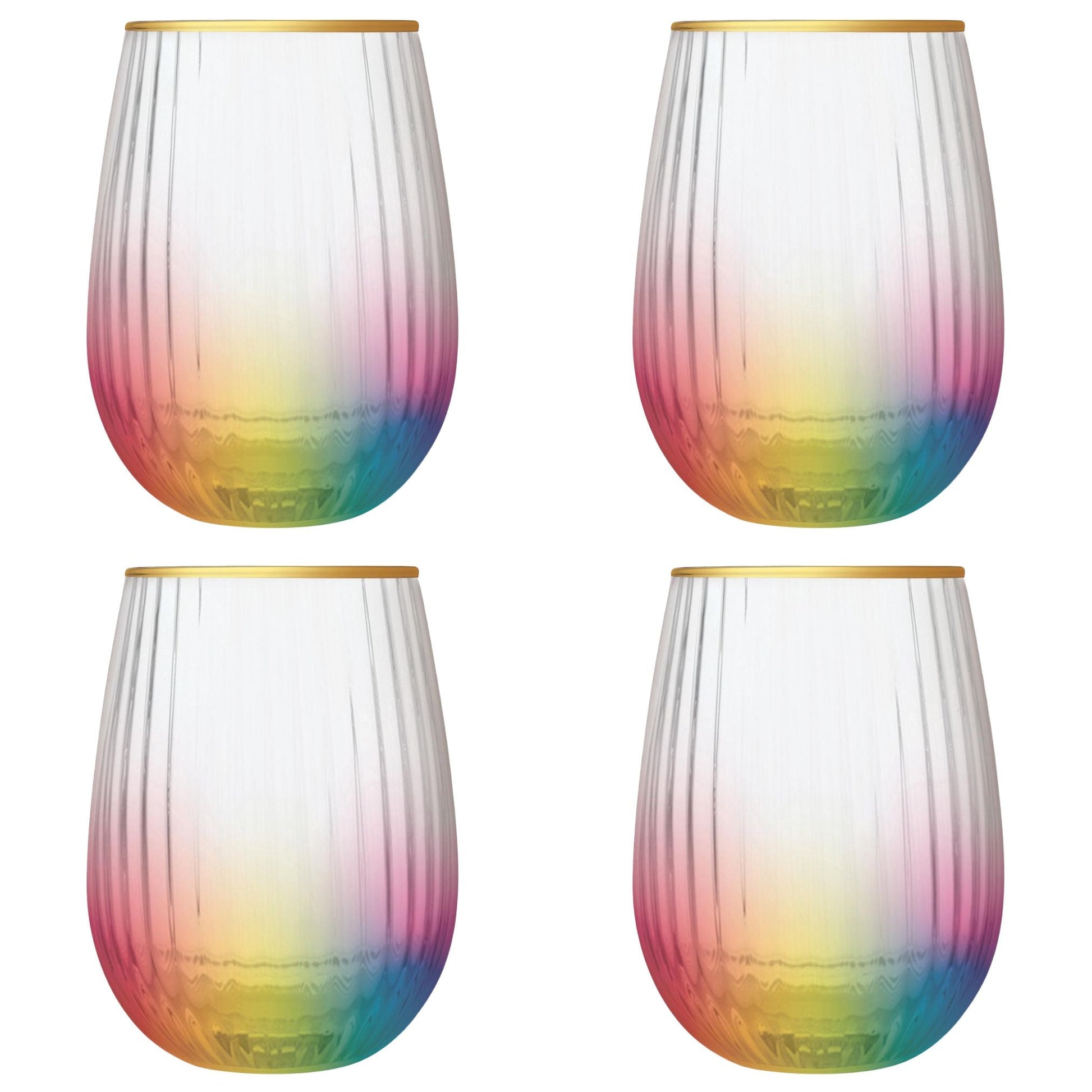 Set of 4 Rainbow Beveled Stemless Wine Glass | 19 oz.