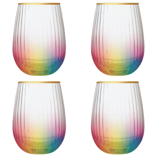 Set of 4 Rainbow Beveled Stemless Wine Glass | 19 oz.