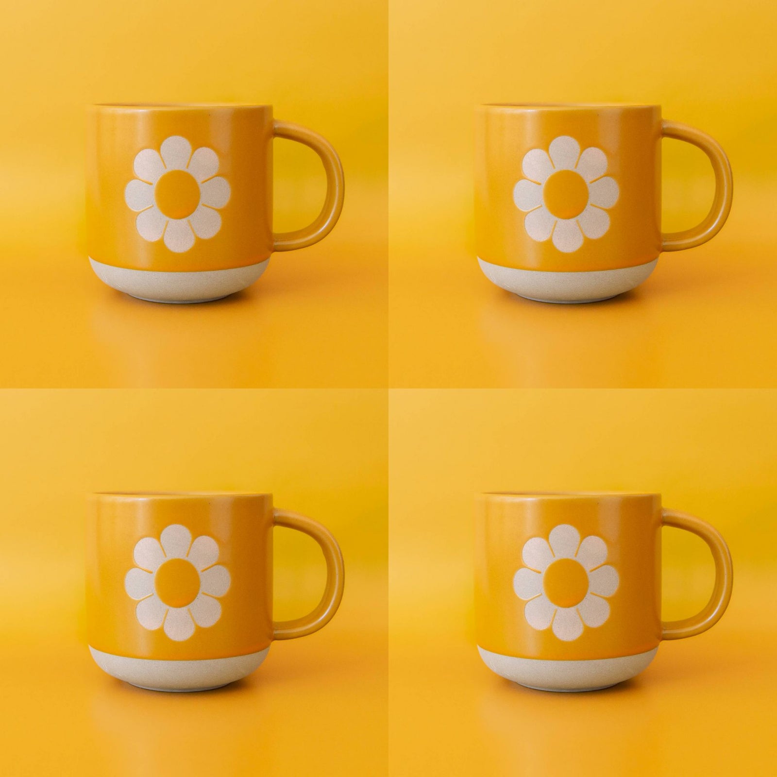 Set of 4 Retro Flower Ceramic Mug | Groovy '70s Themed Floral Mug in Sunshine Orange-Yellow