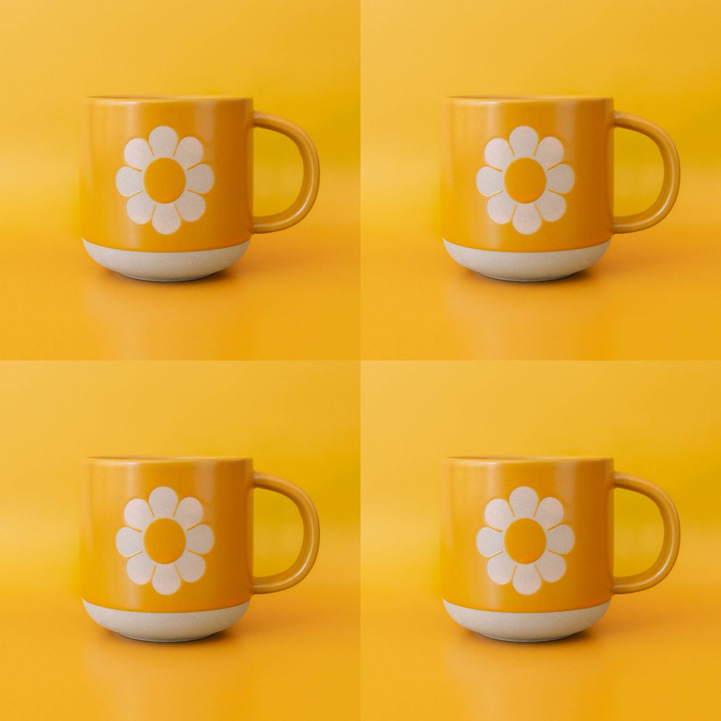 Set of 4 Retro Flower Ceramic Mug | Groovy '70s Themed Floral Mug in Sunshine Orange-Yellow