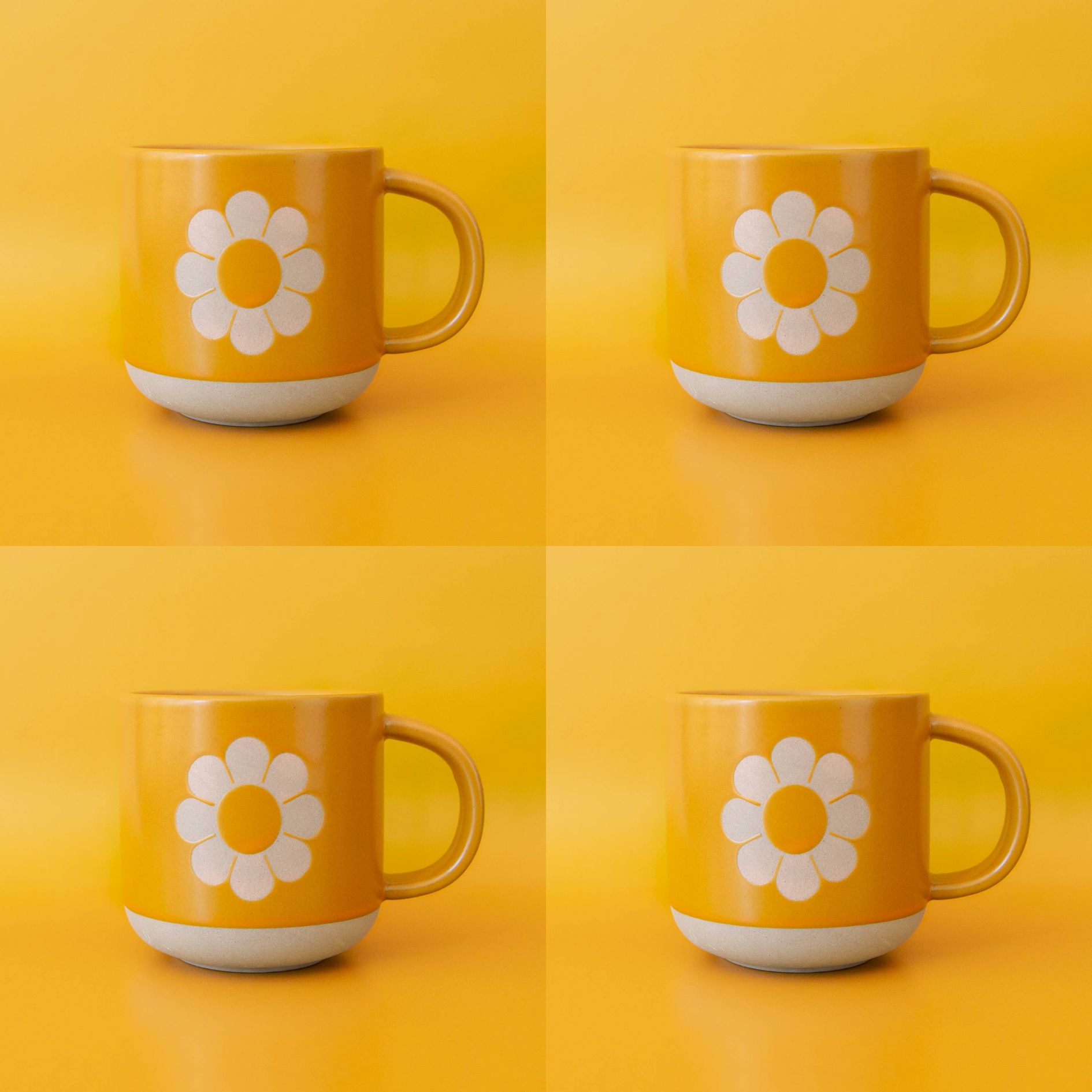 Set of 4 Retro Flower Ceramic Mug | Groovy '70s Themed Floral Mug in Sunshine Orange-Yellow