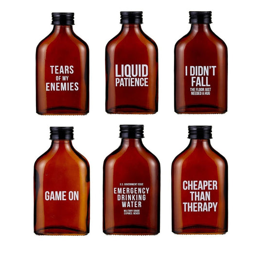 Set of 6 Amber Glass Mini Flasks | Tears of My Enemies, Liquid Patience, Cheaper Than Therapy, Etc.