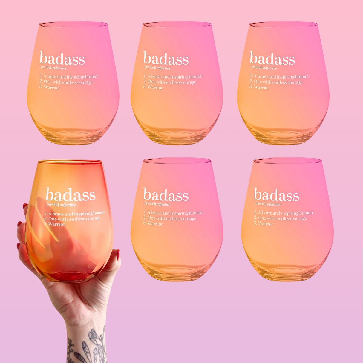 Set of 6 Badass Jumbo Stemless Wine Glass in Orange Pink Ombre | 30 Oz. | Holds an Entire Bottle of Wine