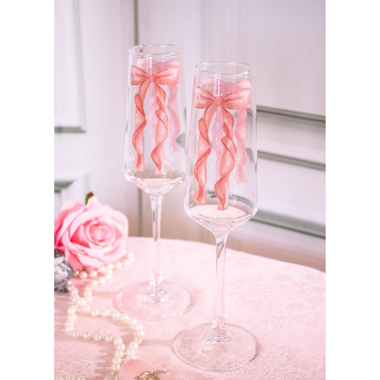 Set of 2 Bow Champagne Glasses | Coquette Bow Trend | Wedding Bridal Shower Gift