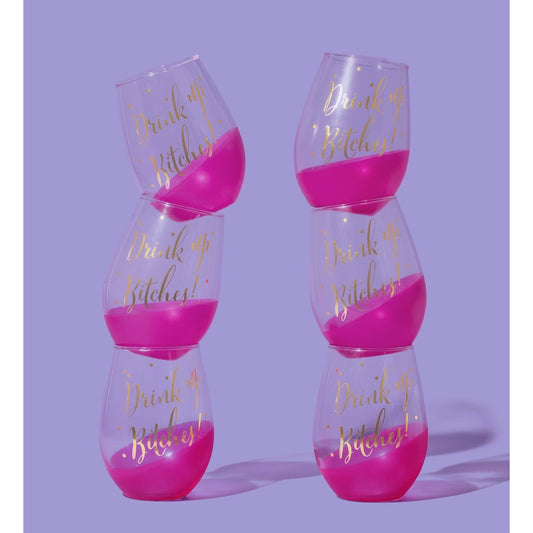 Set of 6 Drink Up Bitches 20 oz. Stemless Wine Glass