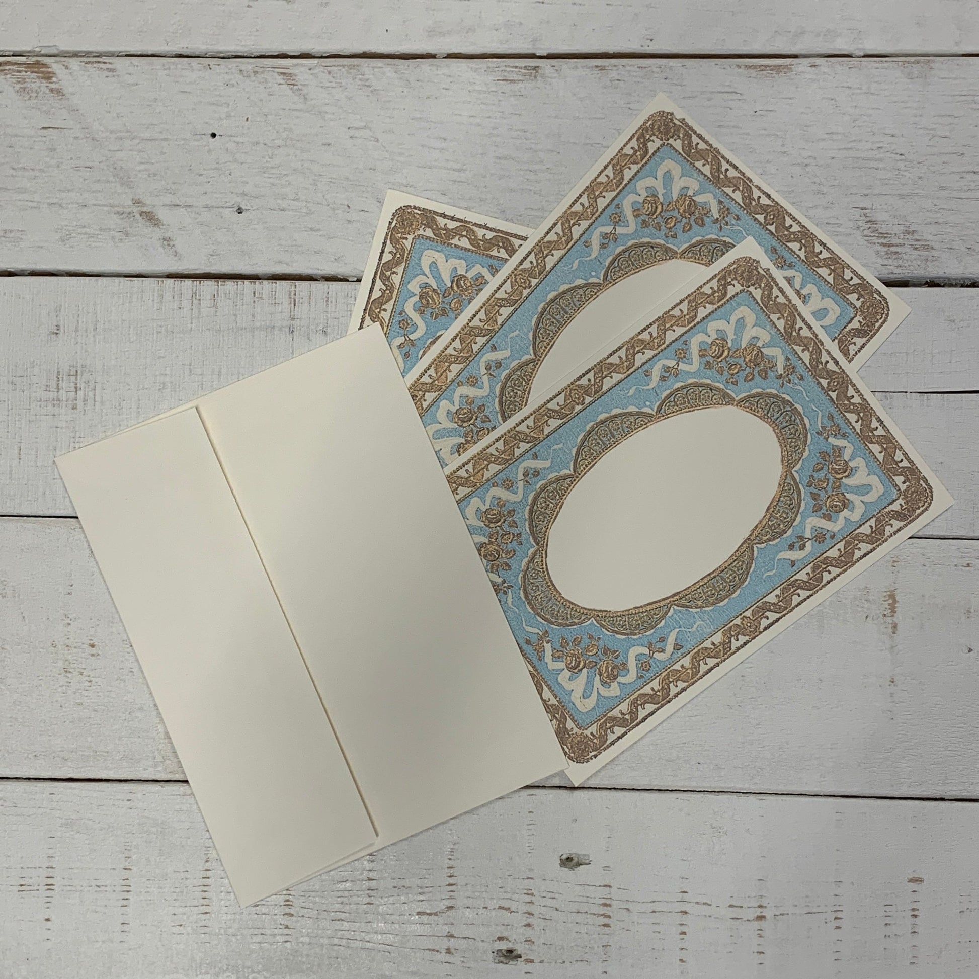 Set of 8 Single Sided Handmade Notecards Gold and Blue Ornate Frame | Gift for Her