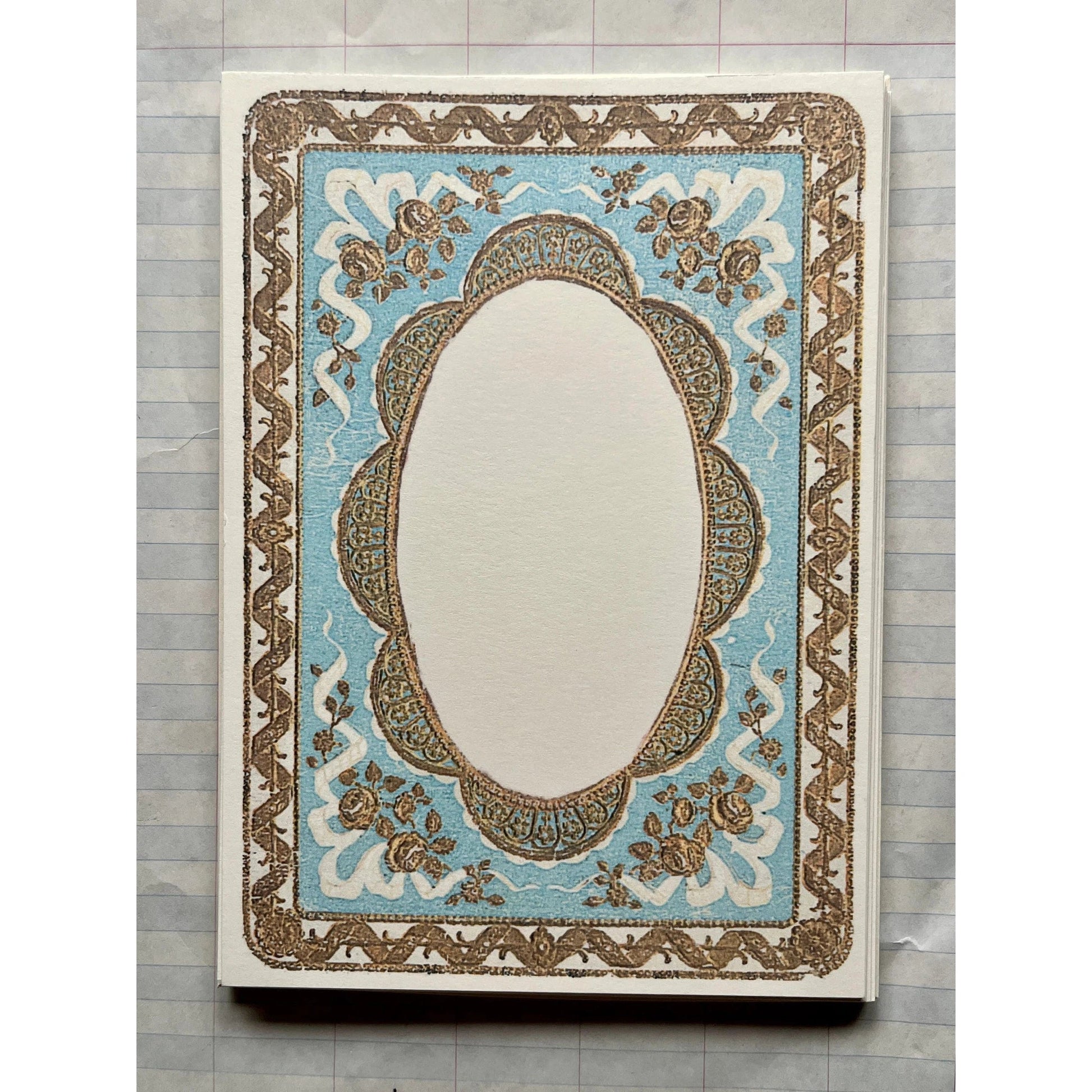 Set of 8 Single Sided Handmade Notecards Gold and Blue Ornate Frame | Gift for Her