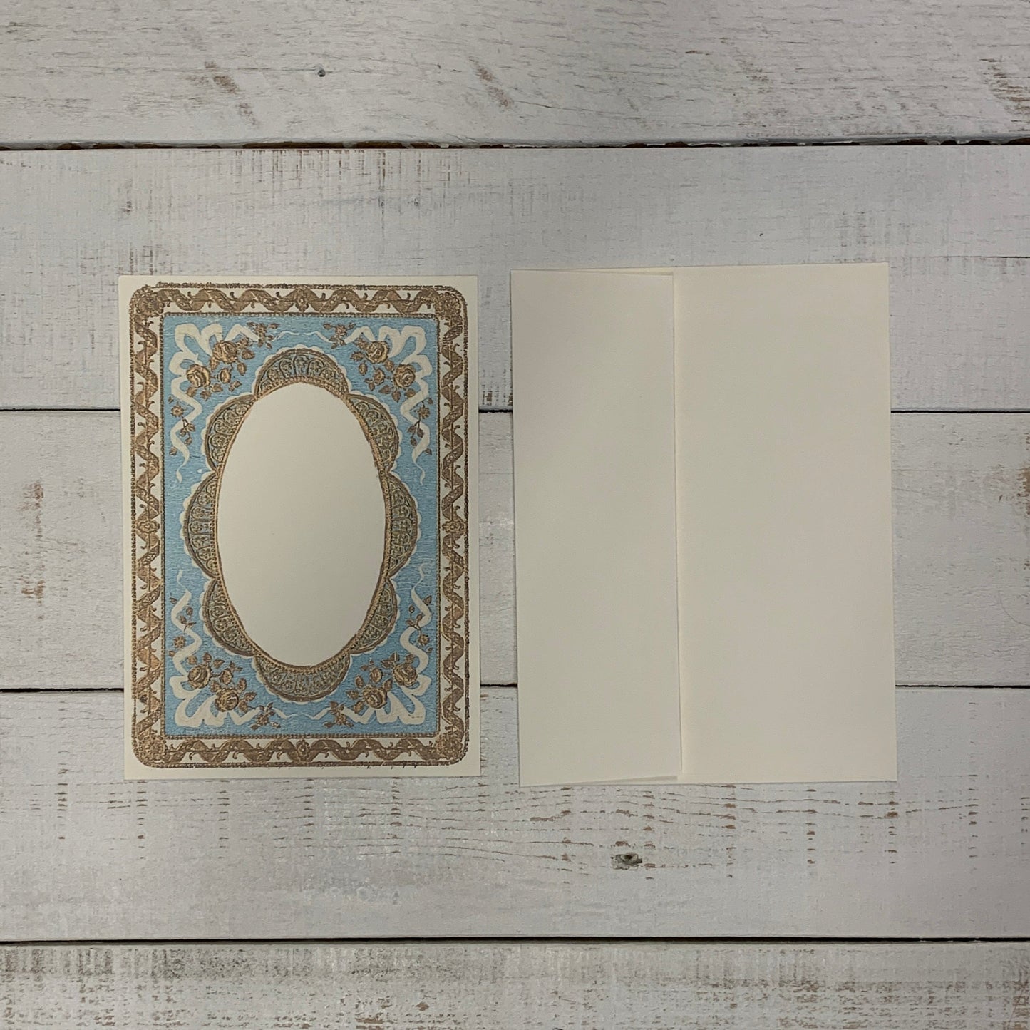 Set of 8 Single Sided Notecards Gold and Blue Ornate Frame