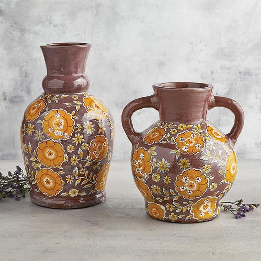 Set of Two Large '70s Style Floral Embossed Vases in Glazed Terracotta