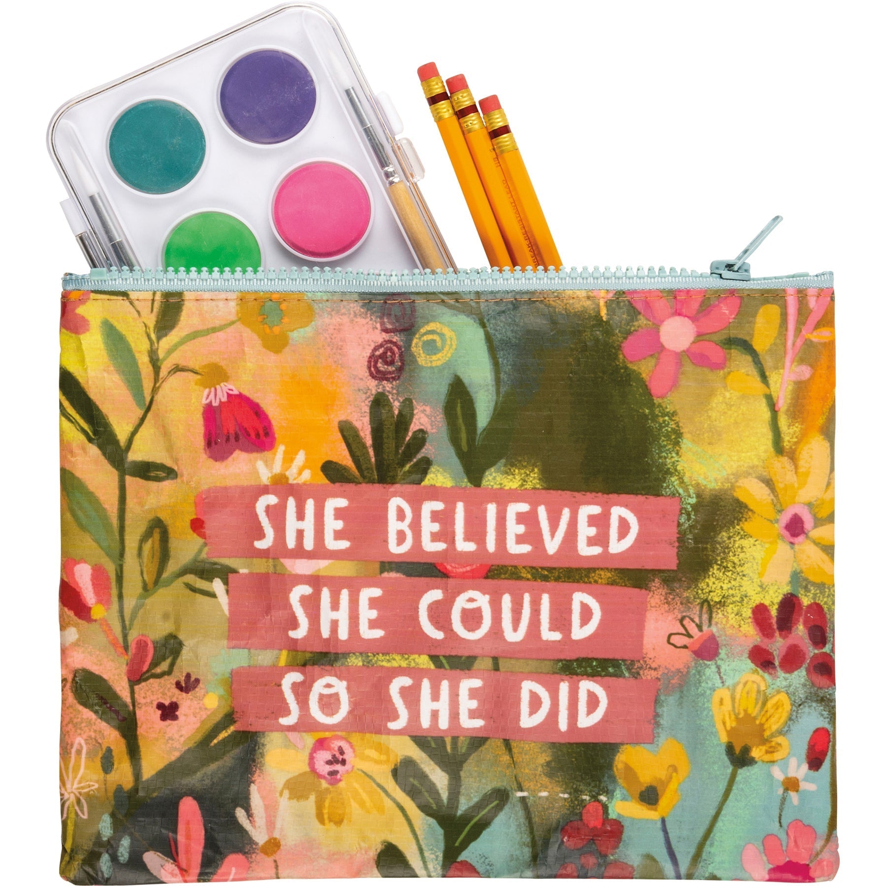 She Believed She Could So She Did Zipper Pouch | Recycled Material Floral Pencil Case Wallet Organizer | 9.50" x 7"