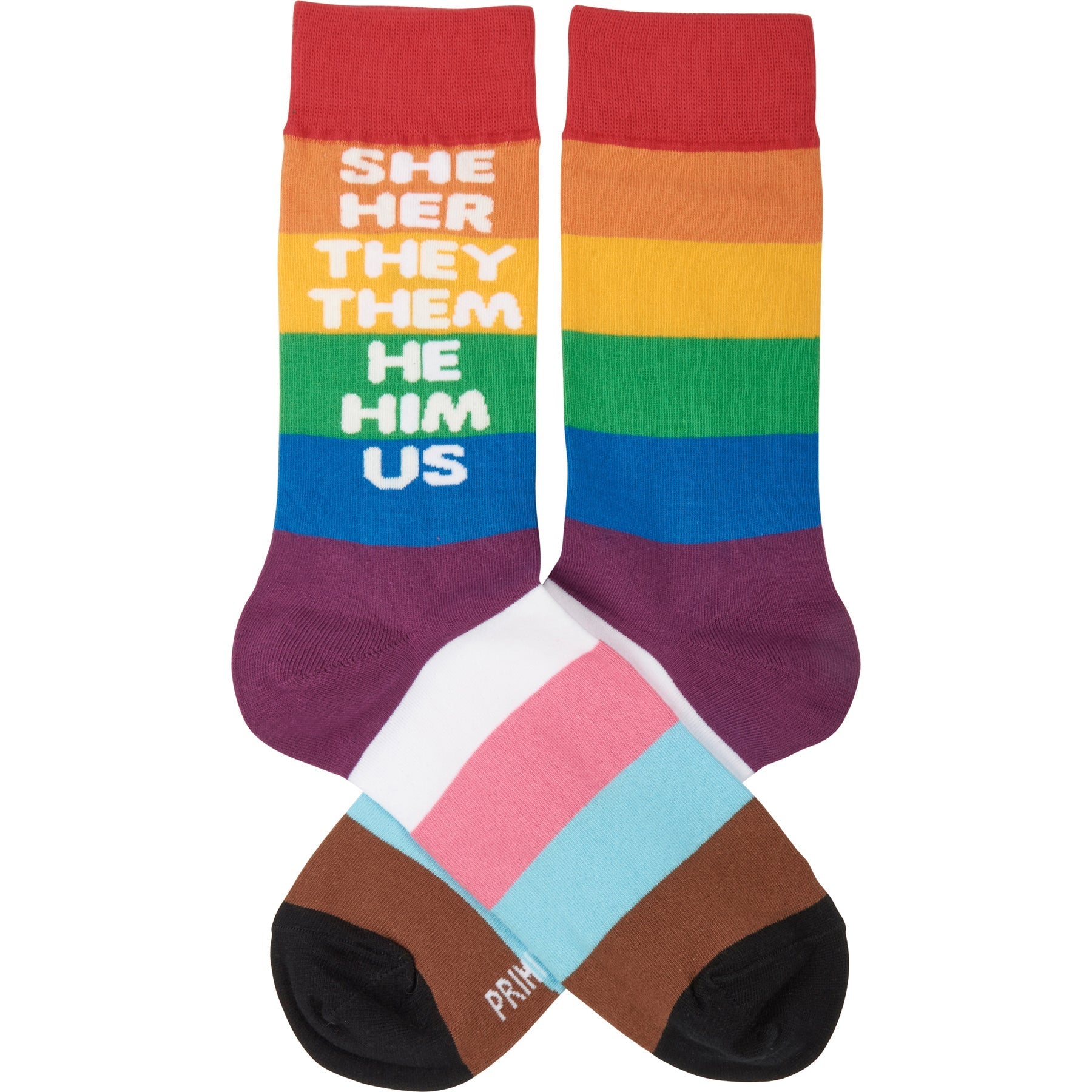 She Her They Them He Him Us Pronoun Socks | Pride LGBTQ+ Rainbow Pattern Socks