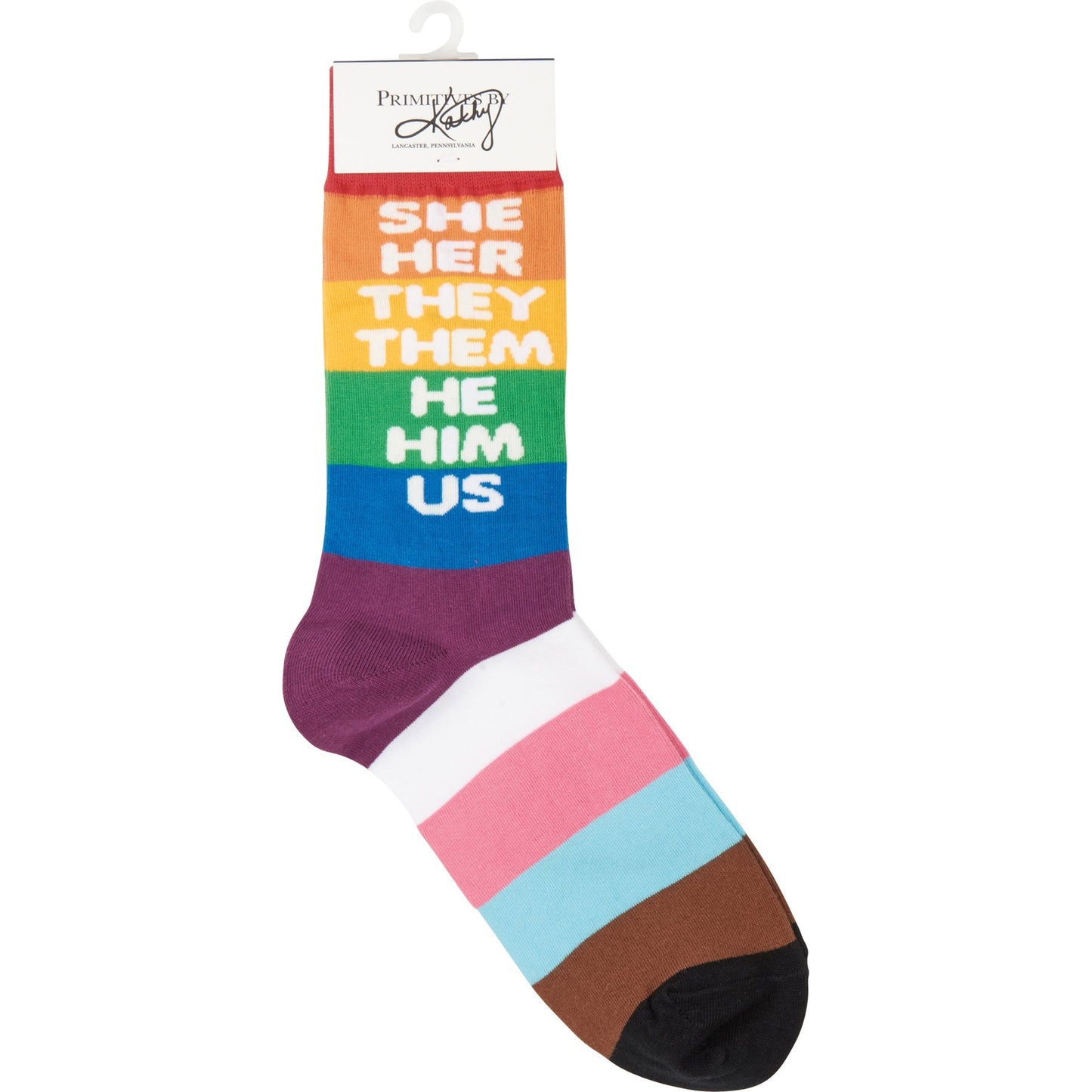She Her They Them He Him Us Pronoun Socks | Pride LGBTQ+ Rainbow Pattern Socks