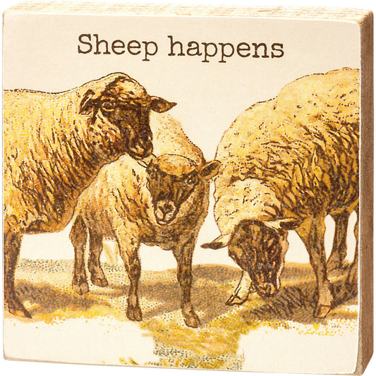 Sheep Happens Block Sign | Desk Wall Wooden Sign Decor | 4" x 4"