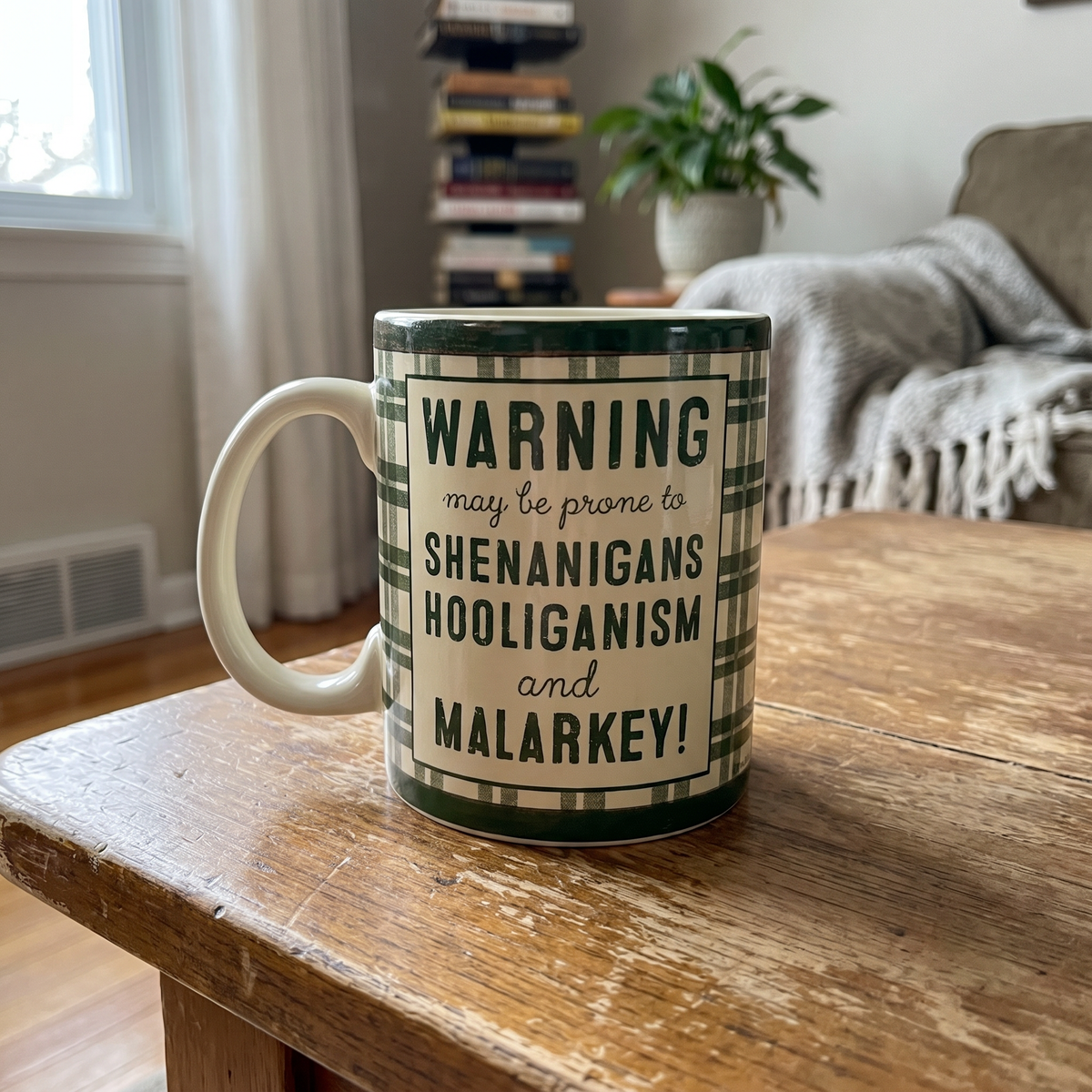 Shenanigans Hooliganism and Malarkey Green Plaid Coffee Mug